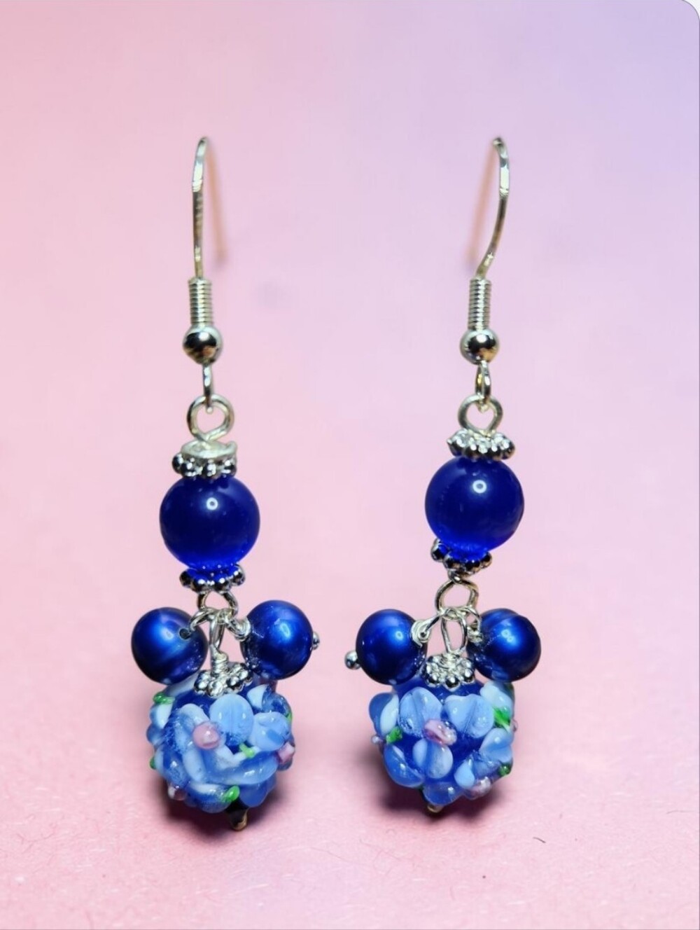 Handmade Blue Floral Lampwork Bead Drop Earrings